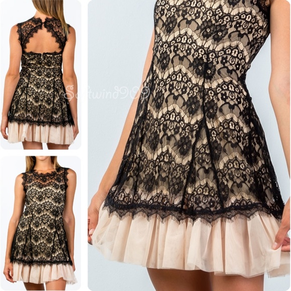 Black Cream Eyelash Lace Tulle Cocktail Cute Dress - Picture 7 of 8